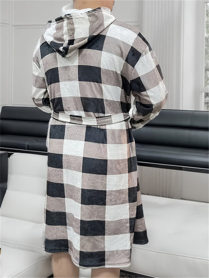 Men's Comfy Plaid Prints Fleece Warm Robe For Home Pajamas Wear One-piece Lace Up Kimono Night-robe Sets After Bath