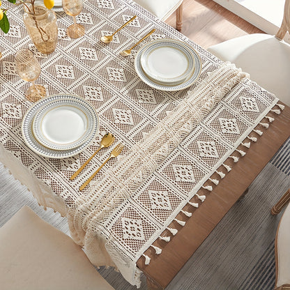 1pc Beige Linen Cotton Blend Crochet Tablecloth with Tassel - Tablecloths - Rustic American Pastoral Style Decor for Picnic, Holiday Party, and Home - Easy Care and Durable