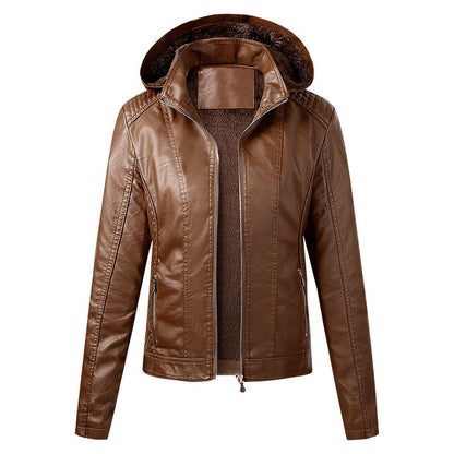 Cross-border new autumn and winter women's clothing velvet hot sale fashion high-end women's leather jacket women's hooded zipper leather jacket spot