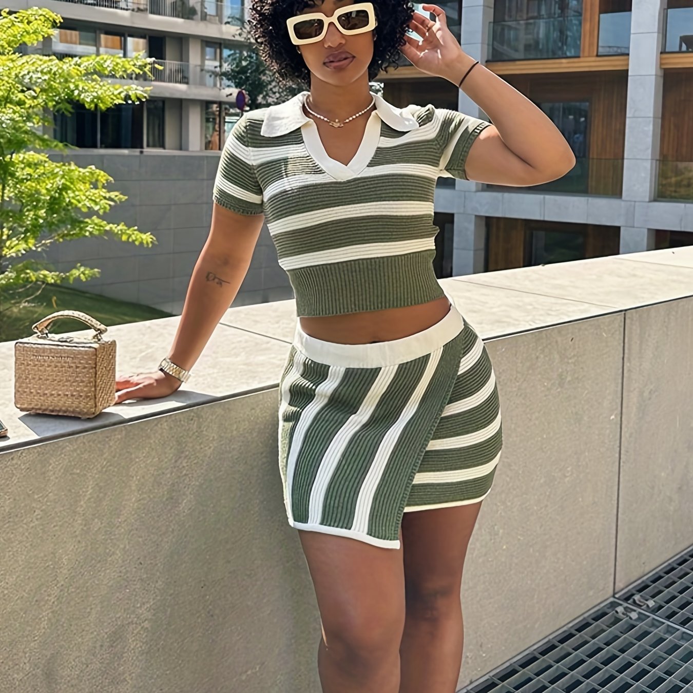 Fashion-Forward Colorblock Stripe Set - Polo Collar Crop Top & Asymmetrical Skirt Outfit - Chic Two-Piece Ensemble for Women
