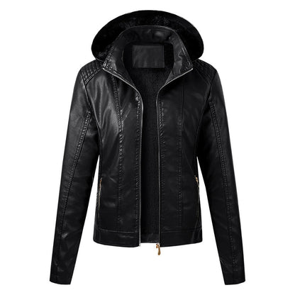 Cross-border new autumn and winter women's clothing velvet hot sale fashion high-end women's leather jacket women's hooded zipper leather jacket spot