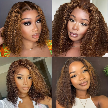 Curly P4/27 Bob Wigs Human Hair Pre Plucked Pre Cut 13x4 Curly Human Hair Wig 150% Density Highlight HD Lace Front Wigs Human Hair with Baby Hair for Women 16 Inch