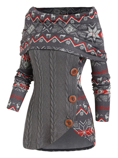 Christmas Pattern Off Shoulder Sweater - Casual, Long Sleeve, Button Front, Asymmetrical, Festive Holiday Wear for Women