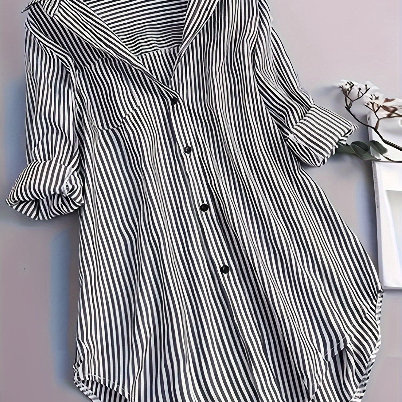 ZllKl Stripe Print Button Front Blouse, Casual Long Sleeve Blouse For Spring & Fall, Women's Clothing
