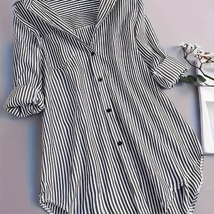 ZllKl Stripe Print Button Front Blouse, Casual Long Sleeve Blouse For Spring & Fall, Women's Clothing