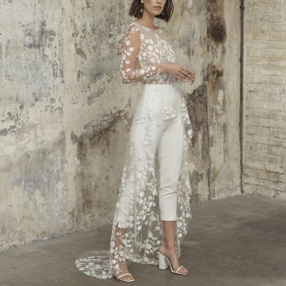 2020 autumn new 2025 Popular trade women's clothing ebay perspective long-sleeved lace jumpsuit trench coat fake two new models