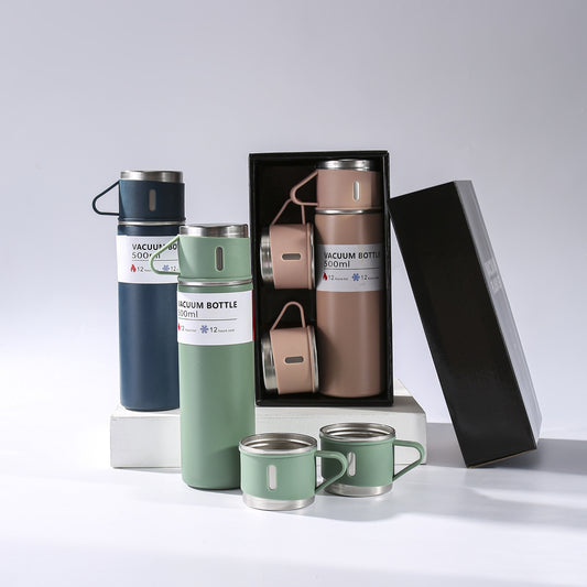 Stainless Steel Vacuum Flask Set 16.91oz - Business Thermal Mug, Insulated Bottle with 2 Cups, Hot and Cold Drink Water Flask for School and Office
