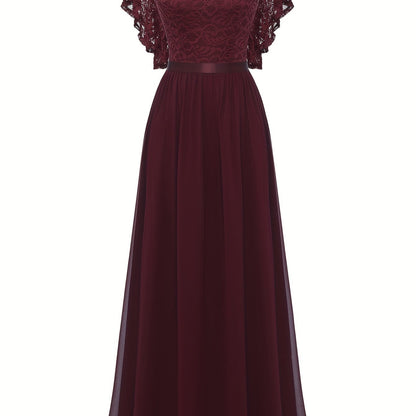 Stunning Lace Splicing V-Neck Bridesmaid Dress - Elegant Ruffle Sleeve, A-Line Floor Length, Perfect for Wedding Party - Womens Formal Clothing for Special Occasions