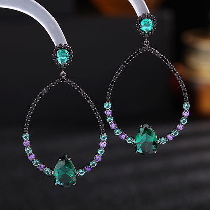 2025 earrings grandmother green zircon oval water drop gun black stud earrings fashionable exaggerated hollow geometric earrings silver needle