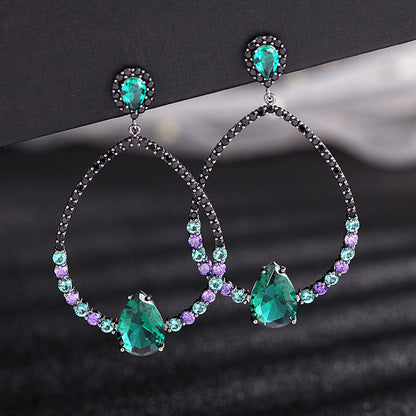 2025 earrings grandmother green zircon oval water drop gun black stud earrings fashionable exaggerated hollow geometric earrings silver needle