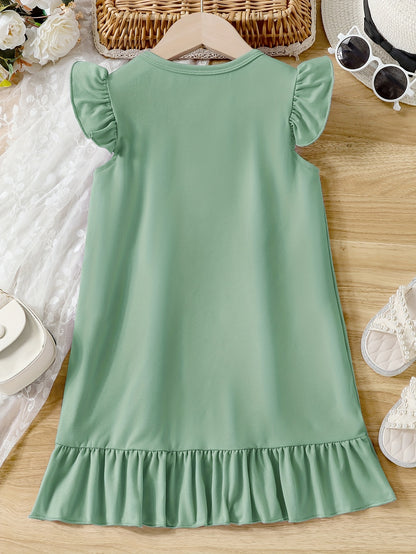 Girls Cartoon Graphic Knitted Ruffle Hem Flying Sleeve Dress - Soft, Slight Stretch, Regular Fit, Alphabets Pattern, Machine Washable, Perfect for Summer Casual Wear