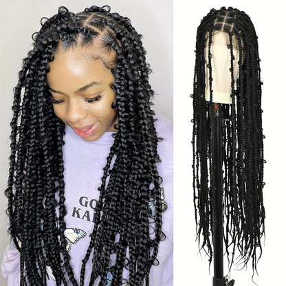 44 150% Density Full Lace Bohemian Braided Wig with Triangle Knotless Box Braids, Boho Curls, and Natural Black Color for African Women