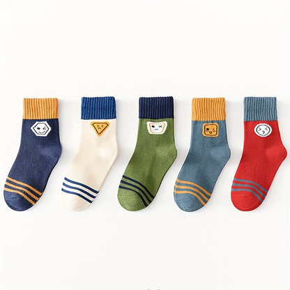 Boys Cartoon Calf Socks 5-Pack, Knit Fabric, Polyester 95%, Spandex 5%, Hand Washable, Cozy Fall/Winter Crew Socks for Kids Age 12 & Under