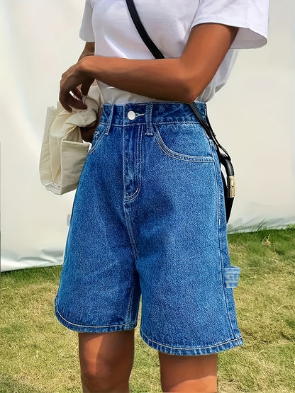 ZllKl  Blue Non-Stretch Denim Shorts, Slash Pockets Straight Legs Casual Short Denim Pants, Women's Denim Jeans & Clothing