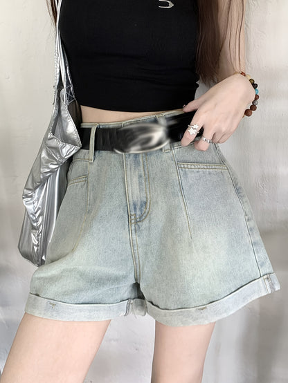 ZllKl  High Waist Casual Denim Shorts, Rolled Hem Loose Fit Short Denim Pants, Women's Denim Jeans & Clothing
