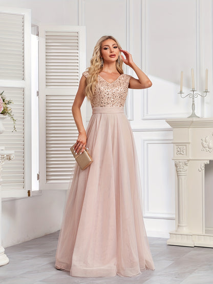 Long Sleeveless Elegant A-line Floor Length Sequin V-neck Formal Dress for Women - Shining Contrast Sequin Details, Micro Elasticity, and Loose Silhouette - Polyester Material, Hand Wash, and Perfect for Party & Banquet