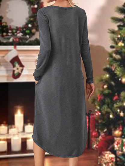 Christmas Santa Claus Print Long Sleeve Knit Dress with Pockets - Casual Round Neck Adult Dress for Fall/Winter Season
