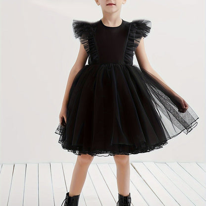 Elegant Fitted Princess Tutu Dress for Girls - Solid Color Non-Stretch Polycotton Mesh Material, Regular Fit, Hand Washable, Perfect for Party Performance and Gift - All-Season Wear, Woven Construction