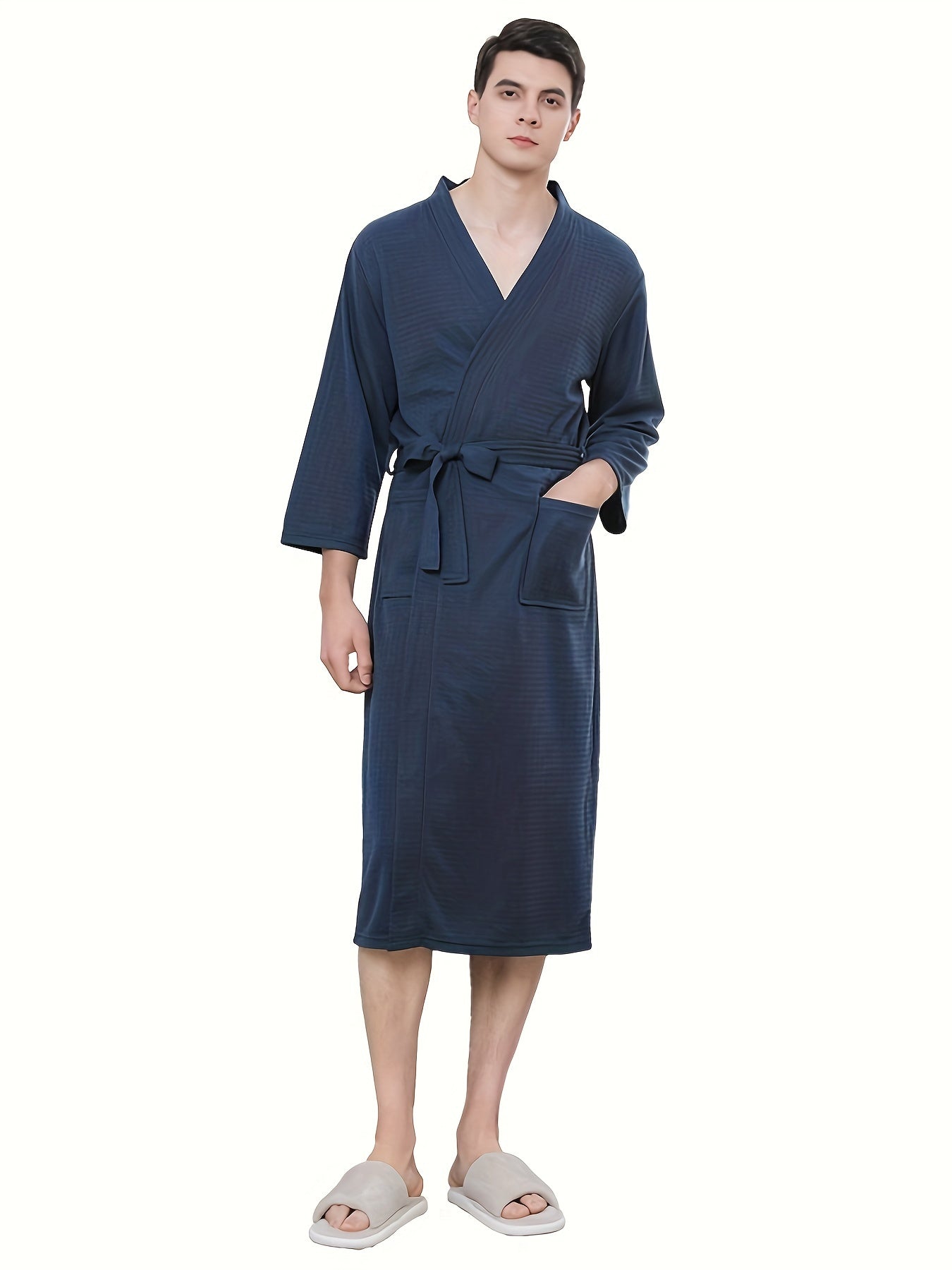 Men's Waffle Bathrobe Japanese Kimono Robe, Vacation Style Comfortable Sleepwear Elegant Style Bathrobe With Belt Spa Home Wears