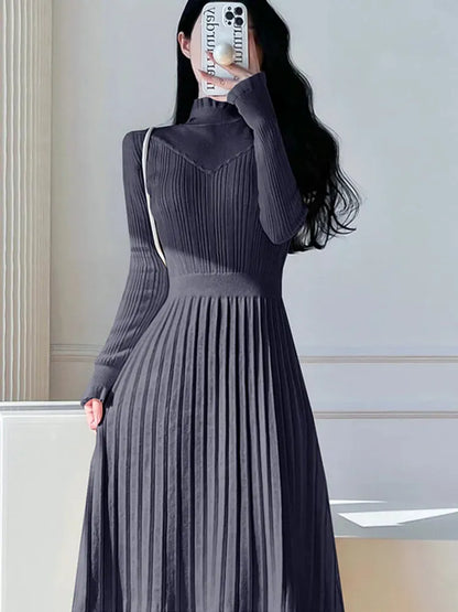 Basic Casual Dresses New Autumn Winter Elegant Knitted Lace Patchwork Pleated Dress Women Long Sleeve Office Lady Sweater Dress Vestidos