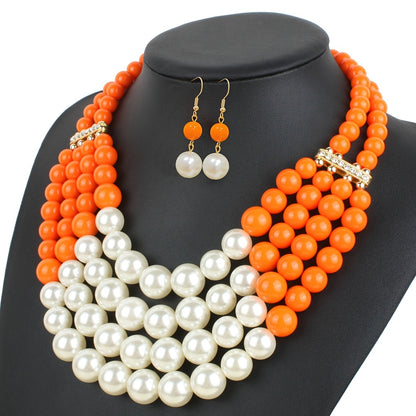 Charm Women Fashion Jewelry Insert Rhinestone Faux Pearl Necklace Bracelet Earrings Set