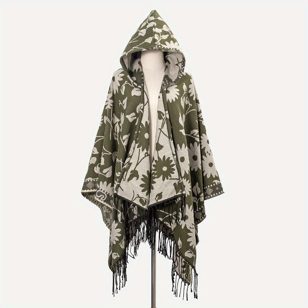 Cozy Oversized Hoodie Scarf Blanket - Stylish Boho Geometric Print with Tassels - Ultra-Soft Warm Cape for Outdoor Adventures, Windproof & Thick Cardigan Shawl
