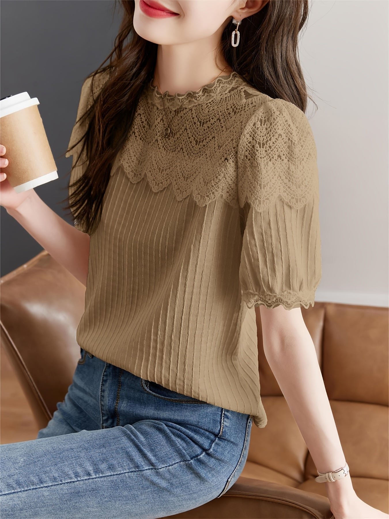 Charming Solid Lace Blouse with Stitching Detail - Soft Textured Short Sleeve Top for Spring & Summer Elegance - Womens Casual Fashion