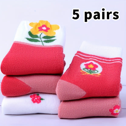 Girls' Knee-High Winter Socks 5-Pack - Cozy Thick Knit Fabric with Floral Patterns, Polyester and Spandex Blend, Hand Wash Only, Warm and Comfortable for Ages 12 and Under