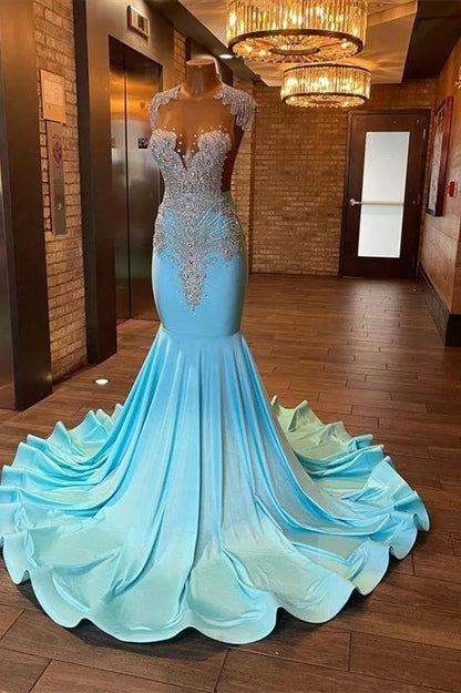 Light Blue Mermaid Prom Dresses  Sheer Cap Sleeves Beaded Rhinestones Women Pageant Dresses Backless Long Party Evening Gowns BC16254 0229