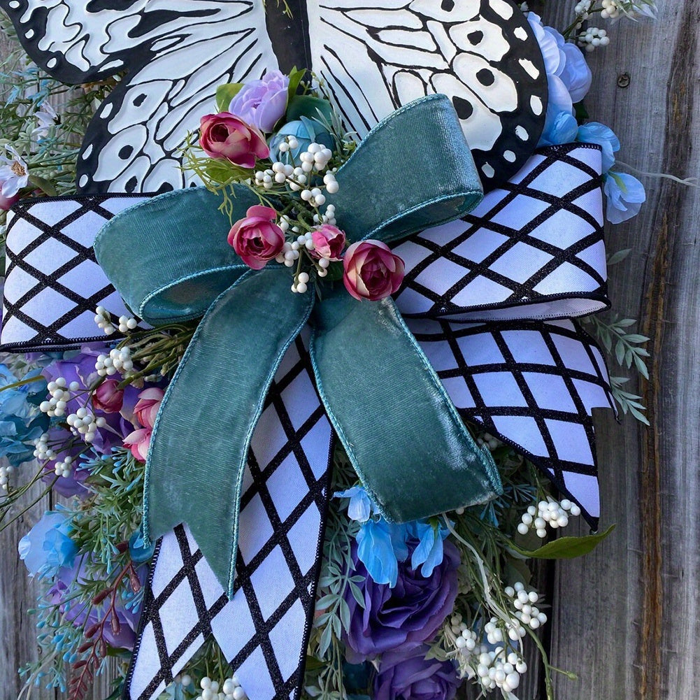 Artificial Spring Wreath Flowers Swag with Fake Butterflies Front Door Wreath