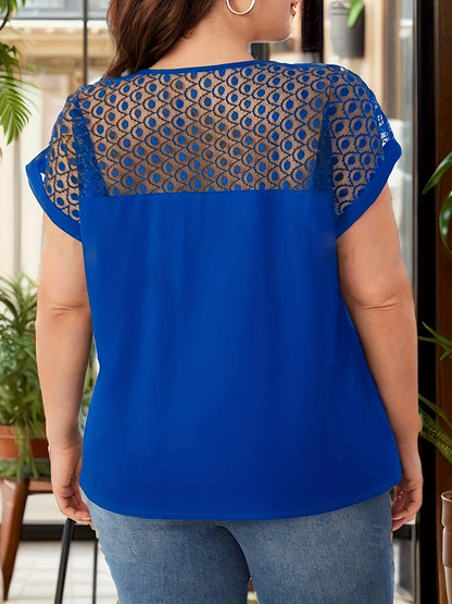 Plus Size Elegant Batwing Sleeve Crew Neck Blouse - Contrast Lace Stitching, Slight Stretch Polyester, Weekend Casual Solid Color Top for Spring & Summer - Elegant Womens Clothing for All Seasons