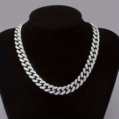 1pc Shiny Cuban Chain Icy Miami Men Womens Cuban Necklace Choker Silvery/Golden Shiny Rhinestone Hip Hop Jewelry For Women