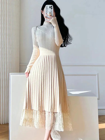 Basic Casual Dresses New Autumn Winter Elegant Knitted Lace Patchwork Pleated Dress Women Long Sleeve Office Lady Sweater Dress Vestidos