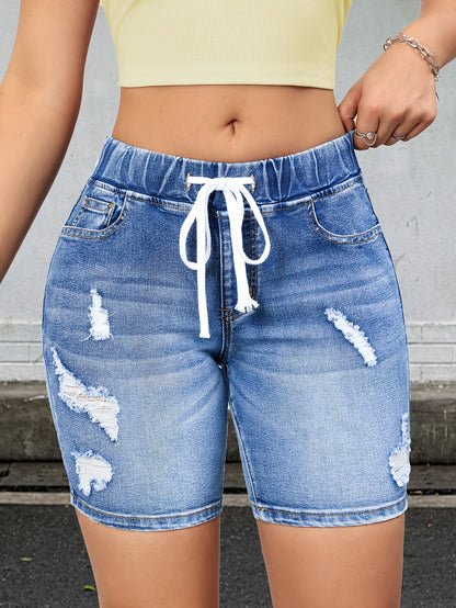 ZllKl  Women's Blue Ripped Denim Bermuda Shorts With Elastic Waist And Distressed Details, Casual Fashion Style