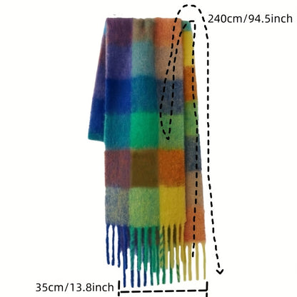 Autumn Winter Rainbow Color Boho Plaid Tassel Chunky Scarf - Soft Imitation Mohair, Eye-Catching Tassel Details, Thick and Plush Design, Long Stylish Neckerchief - Vibrant Shawl for Cold Weather