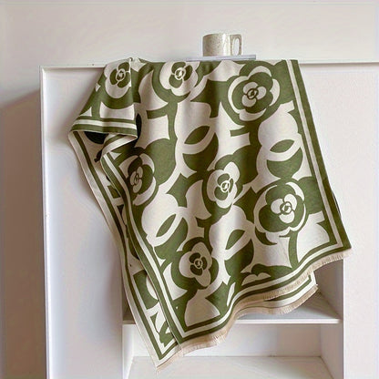 Winter Soft Warm Versatile Fringe Shawl Blanket Scarf - Fashion Scarves with Black and White Camellia Jacquard Pattern, Super Cozy, Lightweight, and Chic - Perfect for Cold Weather, Outdoor Activities, and Daily Wear