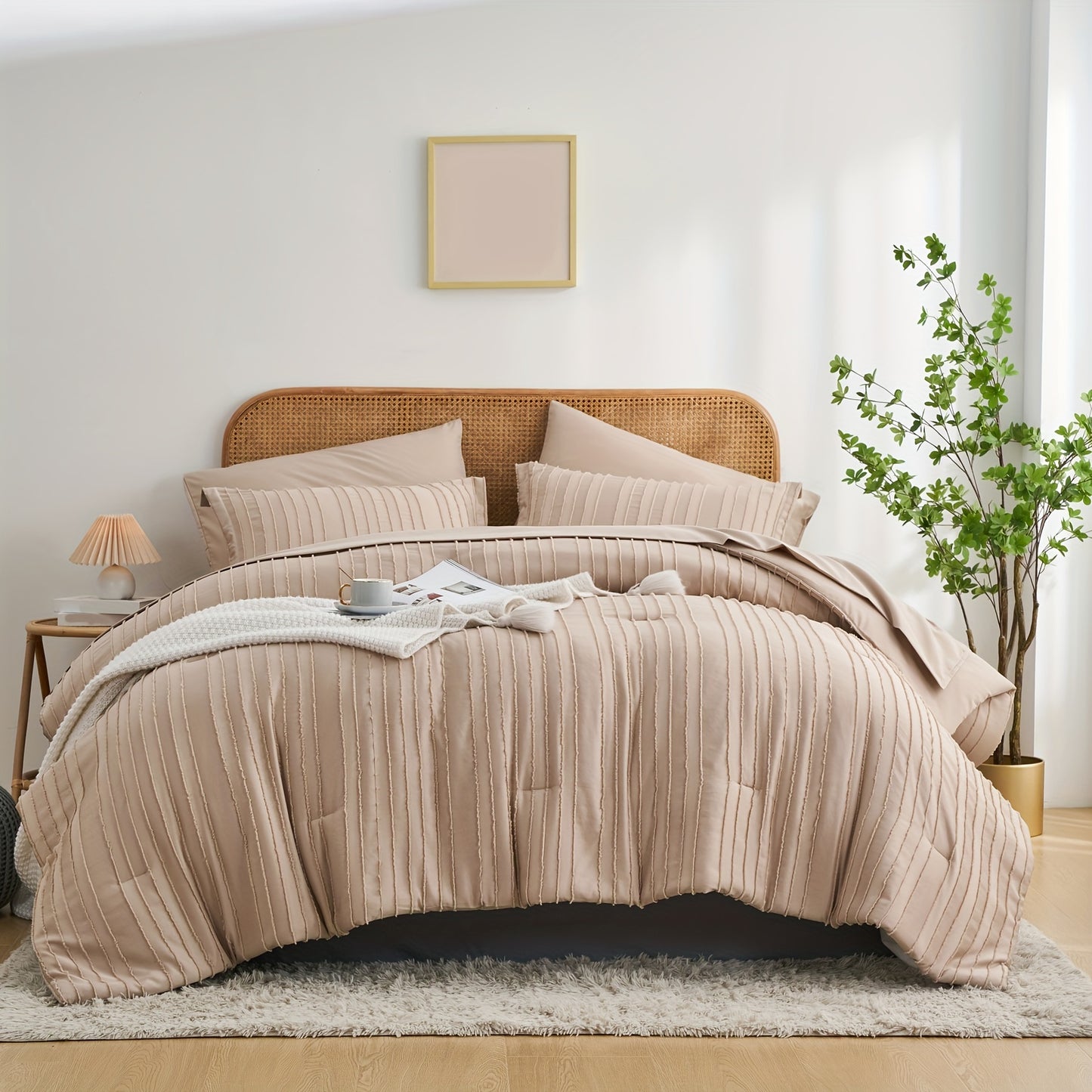 7-Piece Boho Chic Striped Textured Pattern Bed Set - Soft, Lightweight, Microfiber Bedding with Shabby Chic Design - Queen/King Size Bed in a Bag for All Seasons with Easy Care