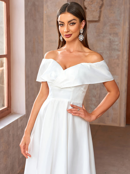 Elegant Off the Shoulder Fit and Flare Dress - Ruffle Trim, Micro Elasticity, Cinched Waist, Solid Color, Woven Polyester Fabric - Hand Wash Only, Perfect for Spring and Summer