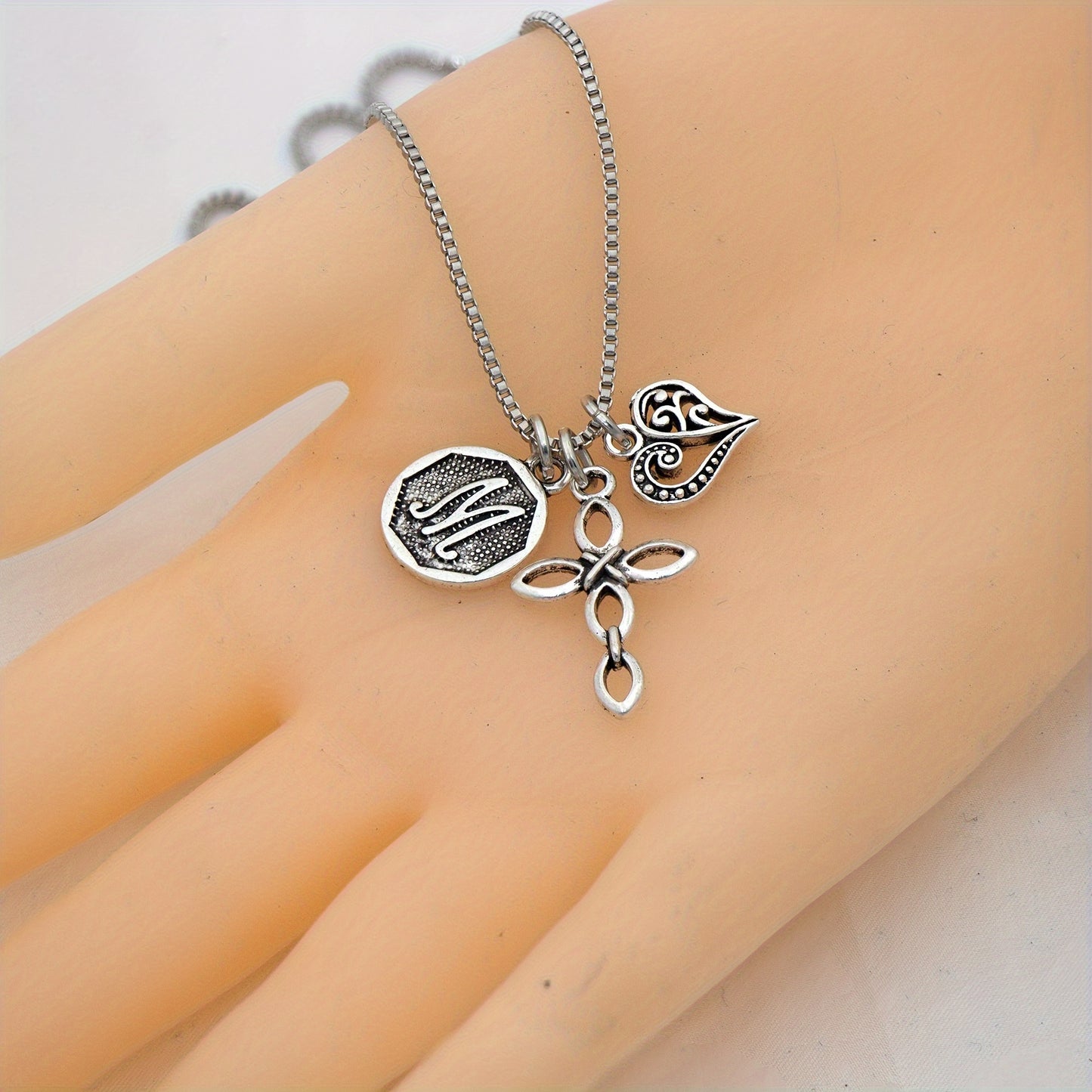 1pc Silvery Initial A-Z Square Chain Necklace For Men Women, Letter Heart Cross Pendant Necklaces, Valentine's Day Birthday Jewelry Gifts