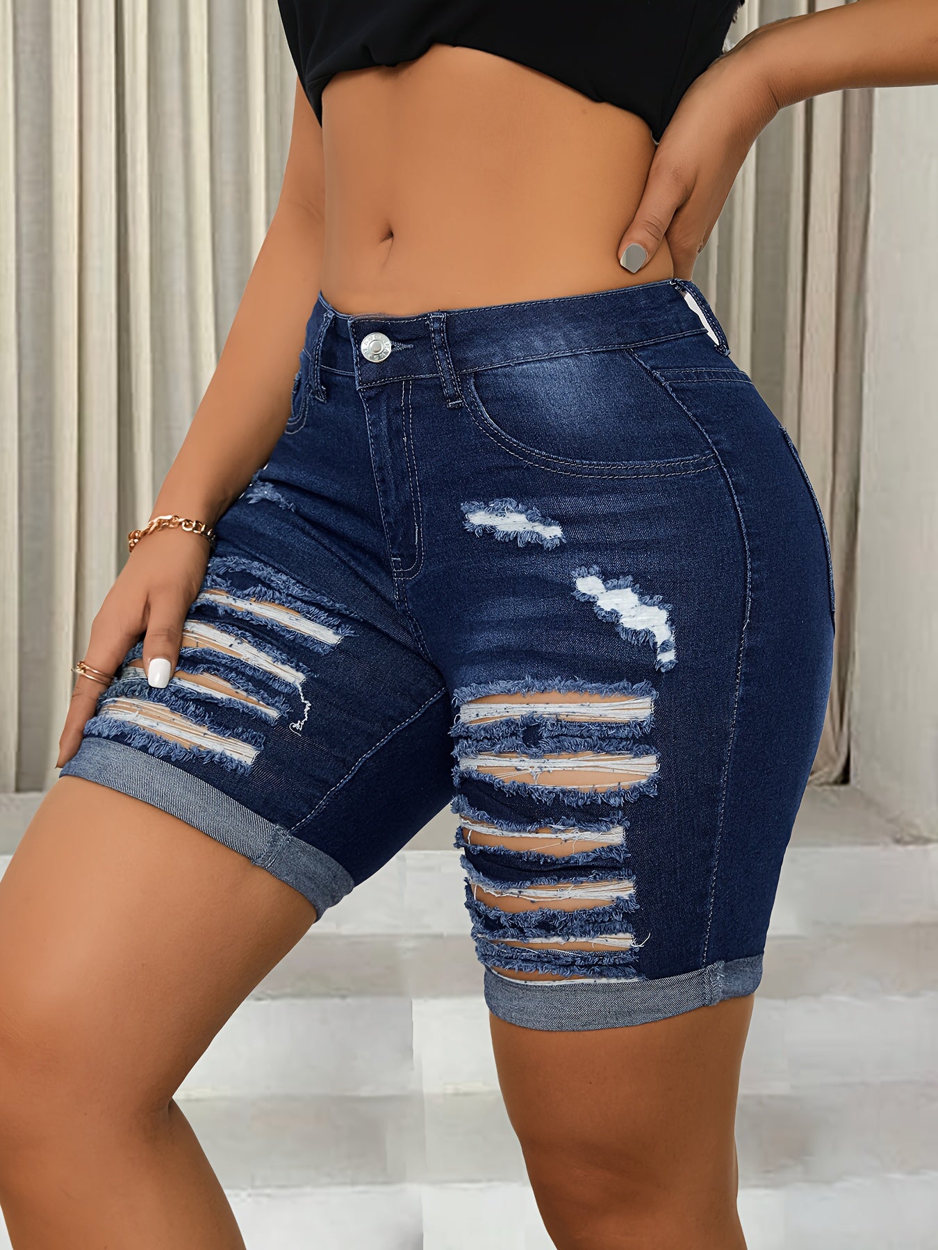 ZllKl  Women's Ripped Denim Shorts, Frayed Hem, Fashion Distressed Jean Bermuda Pants, Dark Blue, Chic Summer Wear