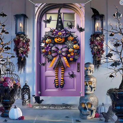Contemporary Halloween Door Wreath - 1pc Polyester Fiber Wreath for New Year, Porch & Garden Party Decor - 35.4x70.9 Inches, No Electricity or Battery Needed