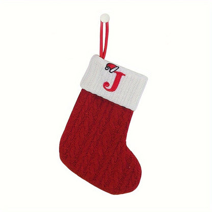 Classic Initial Mini Christmas Stockings, 1pc, Embroidered Alphabet Knit Red and White Themed Socks for Home, Christmas Tree, Mantel Decoration, No Feathers, Polyester - Festive Holiday Decor