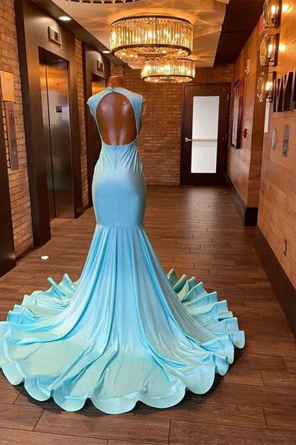 Light Blue Mermaid Prom Dresses  Sheer Cap Sleeves Beaded Rhinestones Women Pageant Dresses Backless Long Party Evening Gowns BC16254 0229