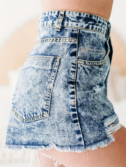 ZllKl  Frayed Hem Washed Denim Shorts, Ripped Holes Slash Pockets Short Denim Pants, Women's Denim Jeans & Clothing