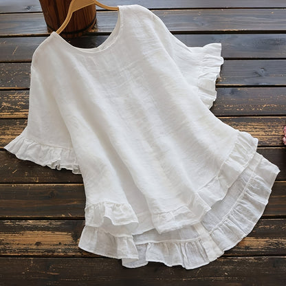 ZllKl Solid Button Back Ruffled Trim Blouse, Casual Short Sleeve Blouse For Spring & Summer, Women's Clothing