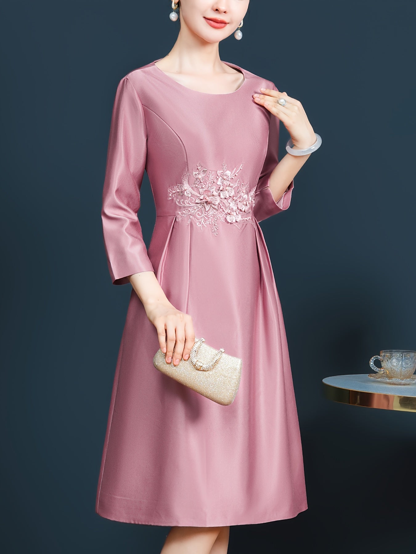 Pink embroidered 3/4 sleeve dress mid-length hem slimming, Mother of the bride wedding guest dress elegant
