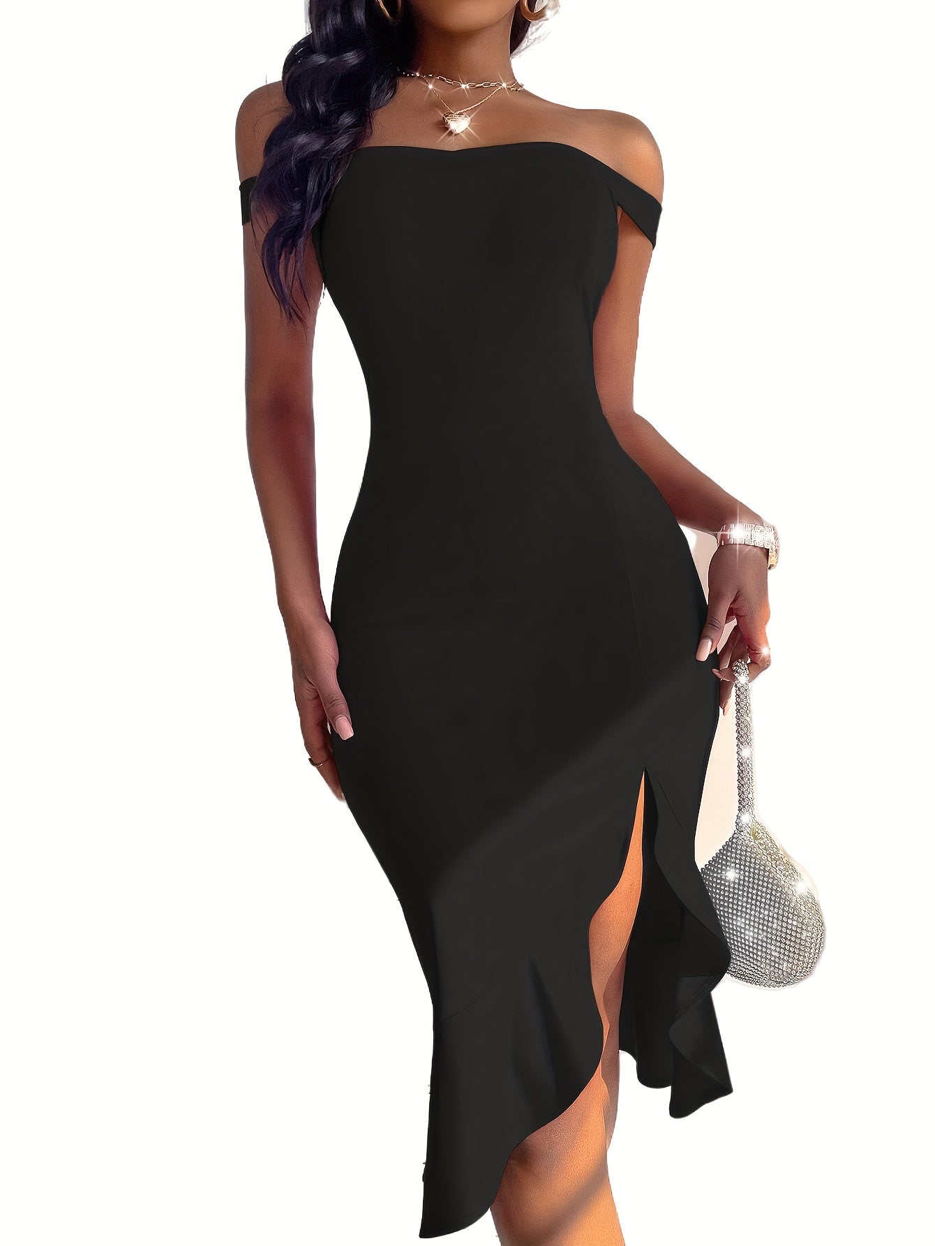Off Shoulder Split Dress, Sexy Bodycon Ruffle Hem Party Dress, Women's Clothing
