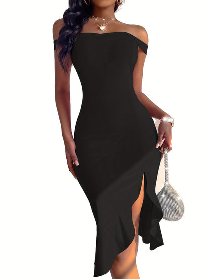 Off Shoulder Split Dress, Sexy Bodycon Ruffle Hem Party Dress, Women's Clothing