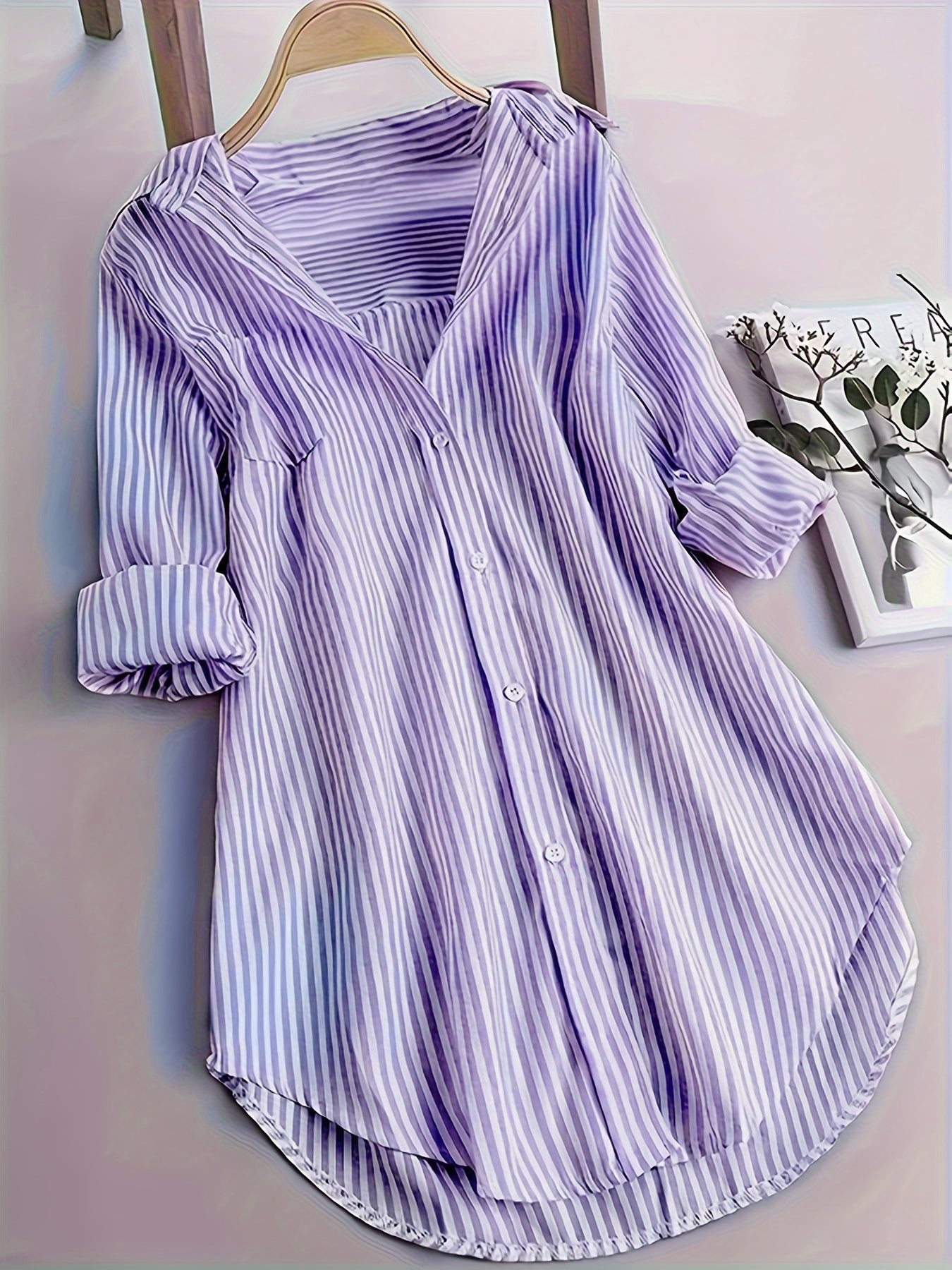 ZllKl Stripe Print Button Front Blouse, Casual Long Sleeve Blouse For Spring & Fall, Women's Clothing