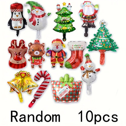 10pcs Mini Christmas Cartoon Cute Balloons, Assorted Colors, Aluminum Foil Balloon Decorations for Party & Gathering, Festive Holiday Decoration Props, No Power Needed, Christmas Party Supplies